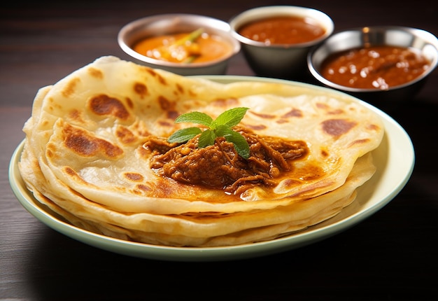 Photo d'un roti indien avec un délicieux curry de poulet et un curry masala