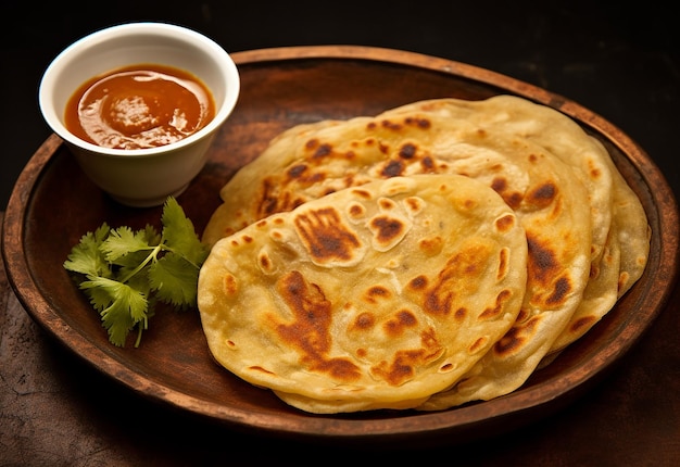 Photo d'un roti indien avec un délicieux curry de poulet et un curry masala