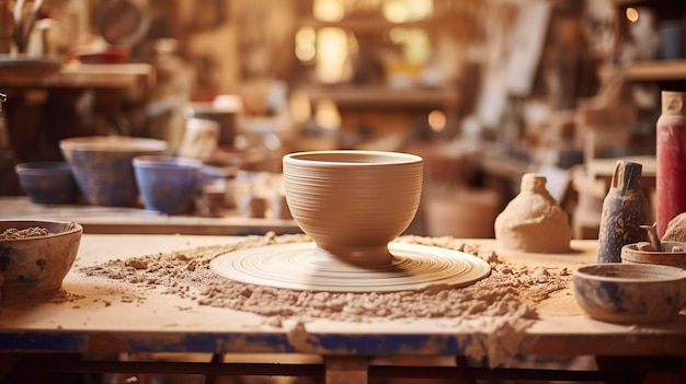 Une photo d'une roue de poterie dans un studio de céramique