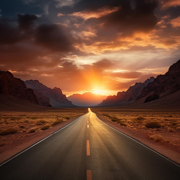 photo route droite au milieu du désert avec de magnifiques montagnes et le coucher de soleil