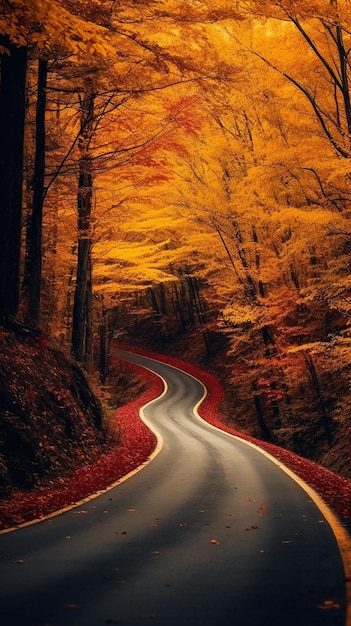 Photo d'une route forestière sinueuse avec des arrière-plans de feuilles d'automne