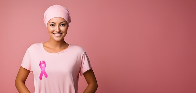 Photo photo d'un ruban d'insigne rose sur la poitrine d'une femme pour soutenir la cause du cancer du sein, fond rose isolé