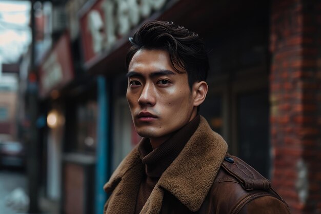 Photo de rue d'un homme asiatique élégant avec une veste brune Générer Ai