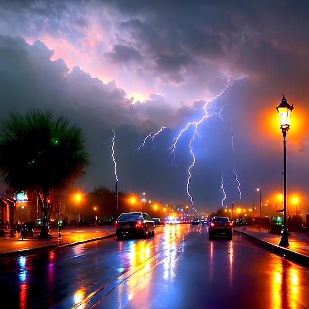 Une photo d'une rue avec un lampadaire et un panneau indiquant le tonnerre