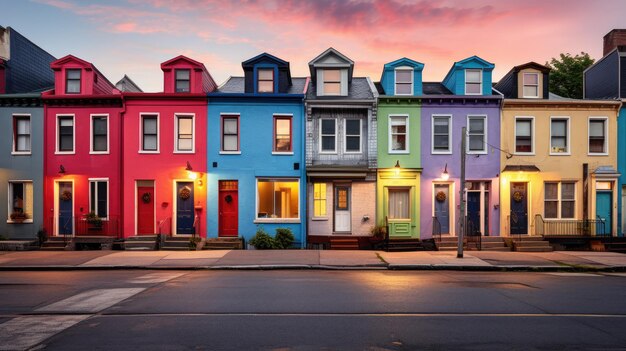 Une photo d'une rue avec des maisons de ville colorées et une lumière de soirée douce