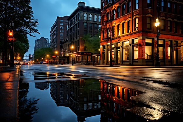 Photo photo des rues de la ville trempées dans la pluie avec des reflets