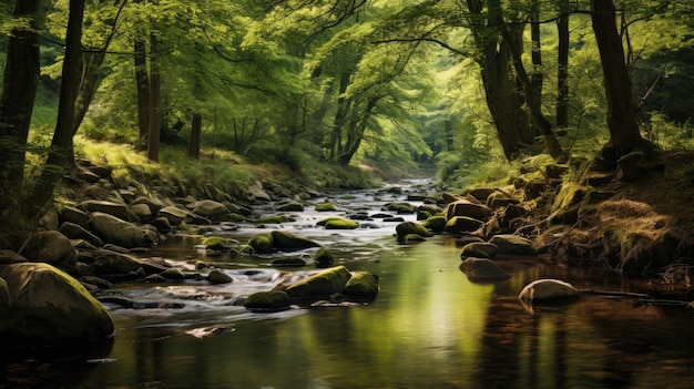 Une photo d'un ruisseau calme avec un fond boisé tacheté de lumière du soleil