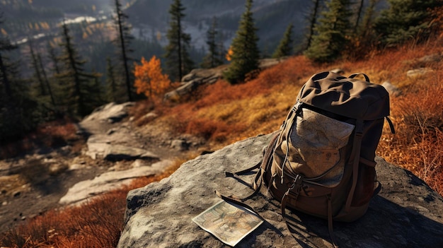 Une photo d'un sac à dos et des cartes de sentiers de randonnée