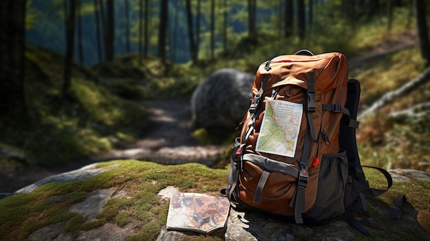 Une photo d'un sac à dos et des cartes de sentiers de randonnée