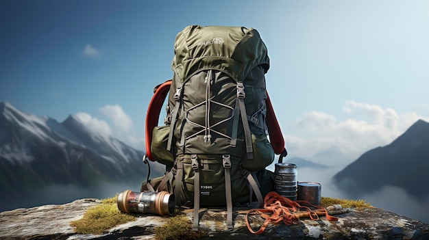 Une photo d'un sac à dos avec du matériel d'aventure en plein air