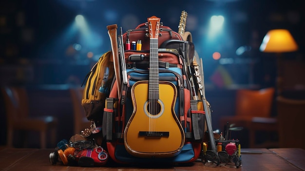 Une photo d'un sac à dos d'école avec des instruments de musique