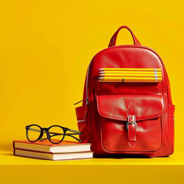 Photo photo d'un sac à dos scolaire bleu jaune rouge à côté d'une pile de livres en vrac avec un arrière-plan éducatif