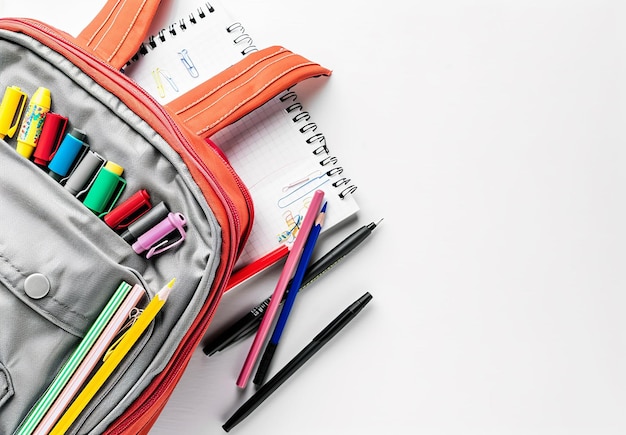 Photo d'un sac à dos scolaire bleu jaune rouge à côté d'une pile de livres en vrac avec un arrière-plan éducatif