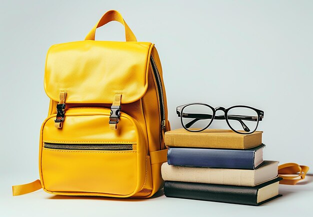 Photo photo d'un sac à dos scolaire bleu jaune rouge à côté d'une pile de livres en vrac avec un arrière-plan éducatif