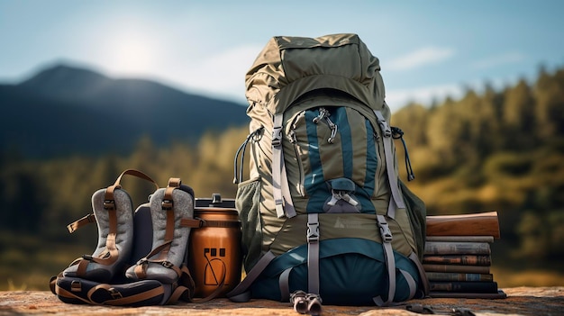 Une photo d'un sac à dos de voyageur avec une tente et un camping