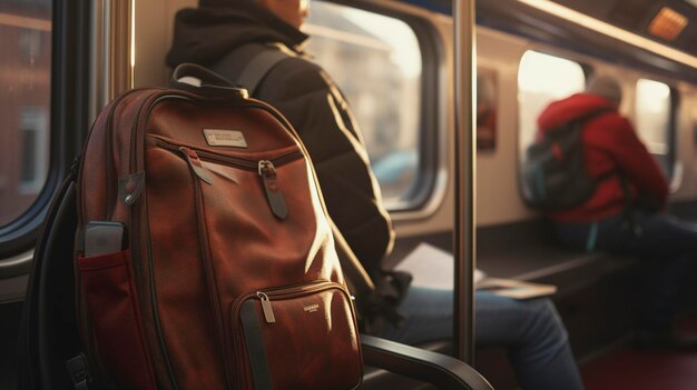 Une photo d'un sac pour ordinateur portable et d'un téléphone portable dans un train