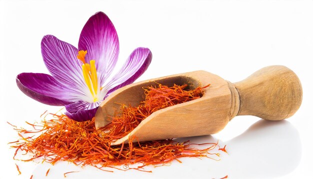 Photo de safran dans une cuillère en bois avec une fleur de crocus générée par l'IA