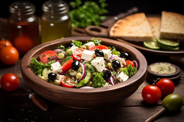 Photo photo d'une salade grecque avec de la feta et des olives