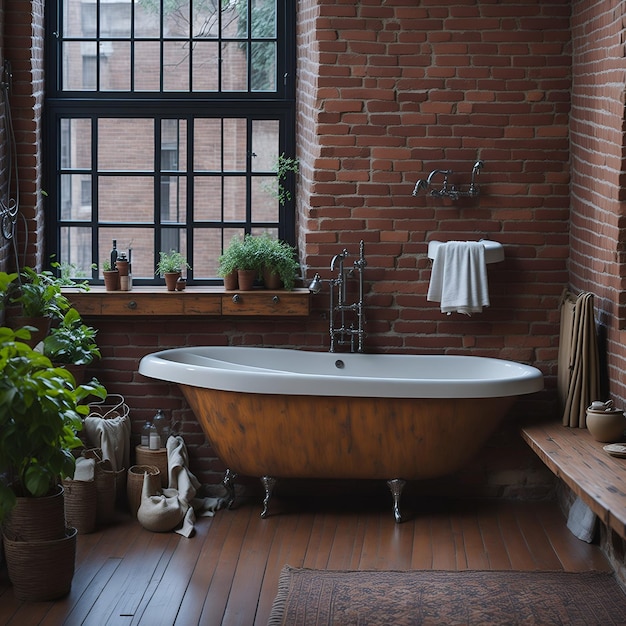 Photo d'une salle de bain moderne avec mur de briques et baignoire autoportante
