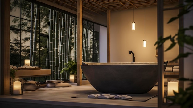 Une photo d'une salle de bain sereine et zen avec une baignoire japonaise et des accents de bambou