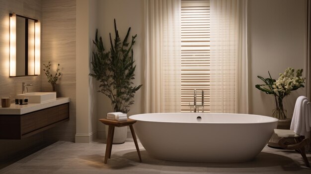 Photo une photo d'une salle de bain de spa sereine avec une baignoire indépendante et un éclairage doux