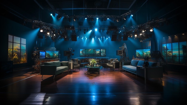 Photo d'une salle de diffusion de studio de télévision vide avec caméra professionnelle