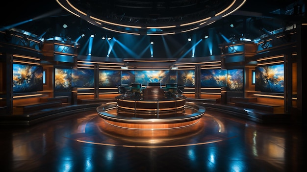 Photo d'une salle de diffusion de studio de télévision vide avec caméra professionnelle