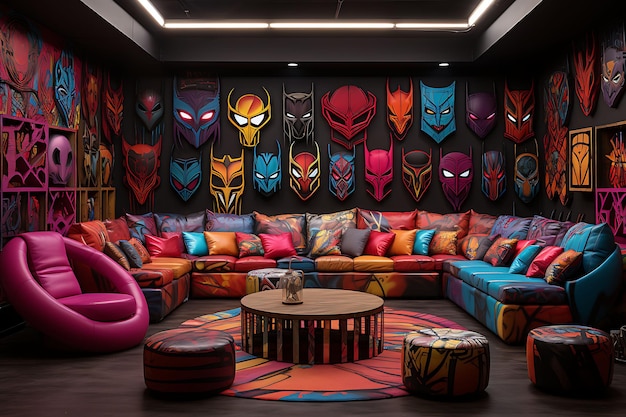 Photo de salle de jeux de super-héros unisexe avec masques de super-héros, créateur de contenu de figurines d'action, diffusion en direct