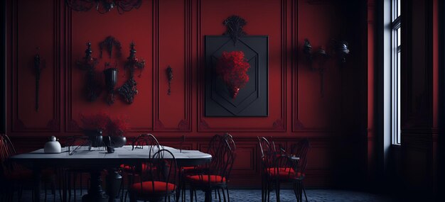 Photo d'une salle à manger avec des murs rouges chaleureux et des chaises assorties