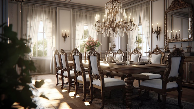 Une photo d'une salle à manger traditionnelle avec un lustre