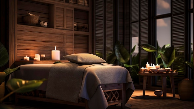 Une photo d'une salle de massage spa avec un décor calmant