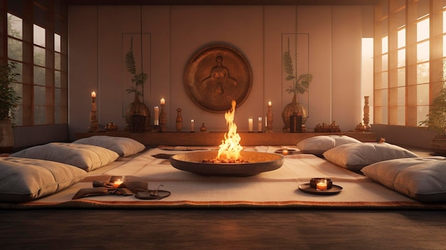 Photo une photo d'une salle de méditation avec des coussins au sol