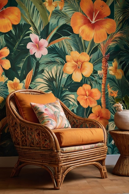 photo d'une salle de séjour tropicale avec une grande chaise en rotin et des couleurs tropicales avec du papier peint floral