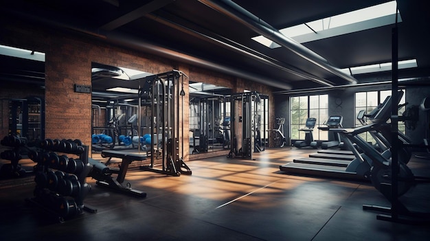 Une photo d'une salle de sport bien équipée avec du matériel d'exercice