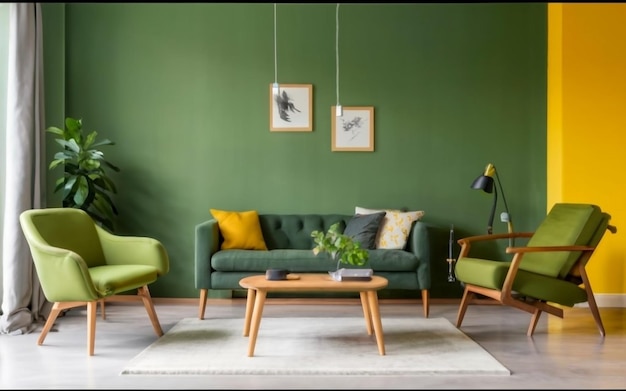 Photo salon confortable avec un canapé vert et des plantes génératives ai