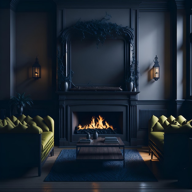 Photo d'un salon confortable avec des canapés confortables et une cheminée chaude