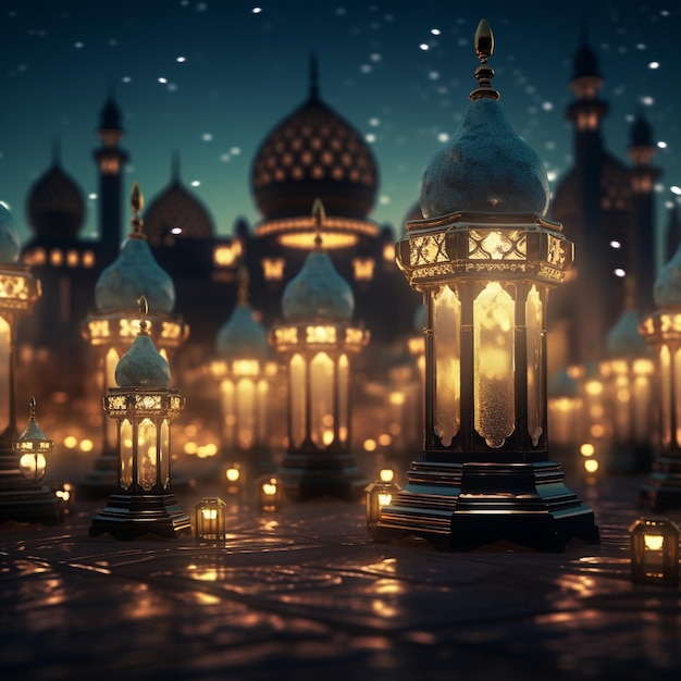 Photo de salut du Ramadan Kareem avec un fond de mosquée serein avec une belle lanterne lumineuse