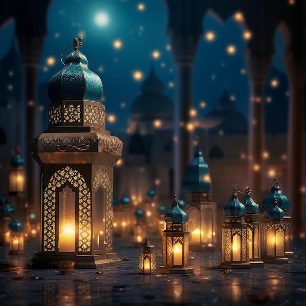 Photo de salut du Ramadan Kareem avec un fond de mosquée serein avec une belle lanterne lumineuse