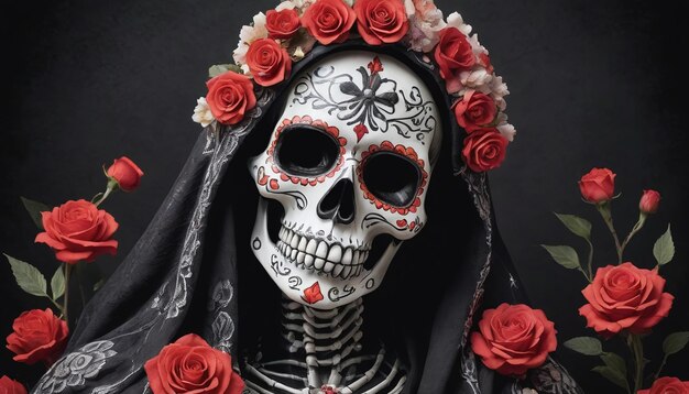 Photo photo de la santa muerte avec le crâne de sucre floral de la moissonneuse
