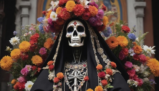 Une photo de La Santa Muerte ornée de fleurs