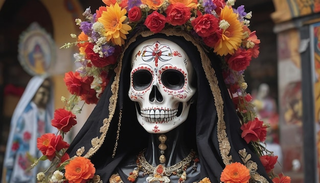 Une photo de La Santa Muerte ornée de fleurs