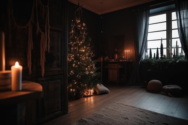 Photo d'un sapin de Noël décoratif dans une maison créée avec une IA générative