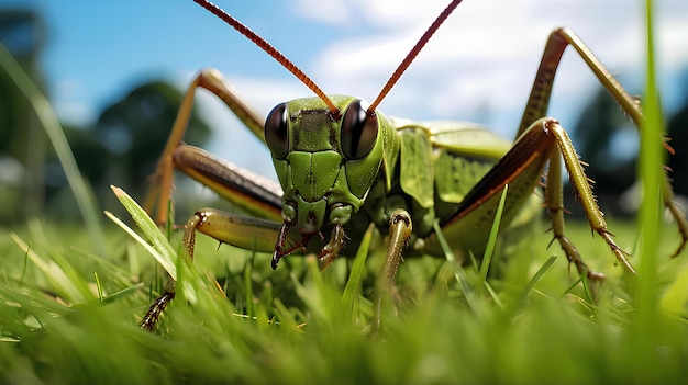 une photo d'une sauterelle dans une prairie verte
