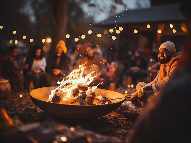 Photo de la scène nocturne de Lohri avec un feu de joie entouré de gens dans le concept du festival indien de Tra Lohri