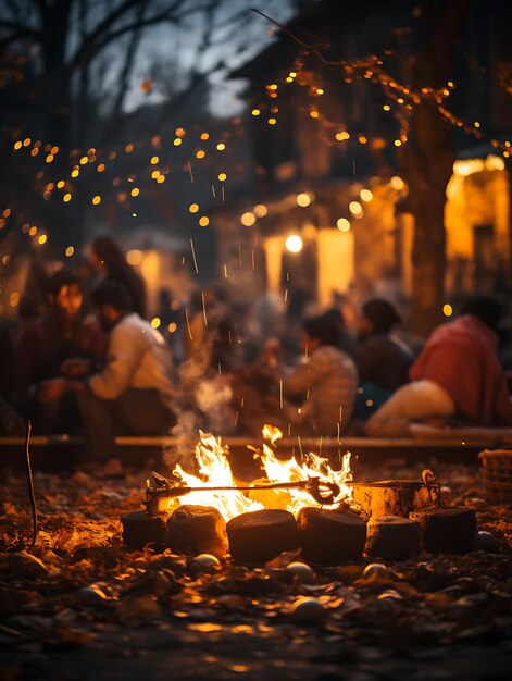 Photo de la scène nocturne de Lohri avec un feu de joie entouré de gens dans le concept du festival indien de Tra Lohri