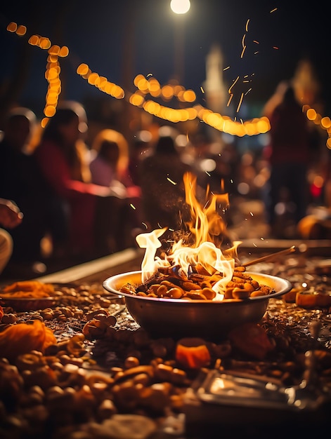 Photo de la scène nocturne de Lohri avec un feu de joie entouré de gens dans le concept du festival Vib Lohri India