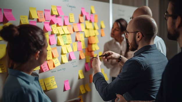 Une photo d'une séance de brainstorming avec des notes autocollantes et un tableau blanc