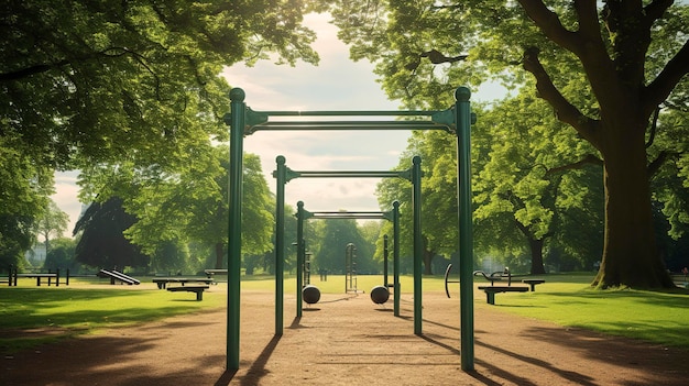 Une photo d'une séance d'entraînement dans un parc avec des barres de traction et des barres parallèles