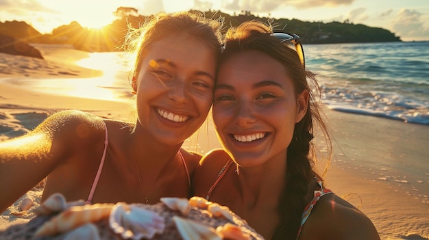 Une photo d'un selfie sur une plage tropicale avec un coucher de soleil et des coquillages