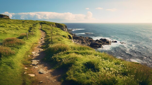 Photo une photo d'un sentier côtier avec une vue panoramique sur la mer